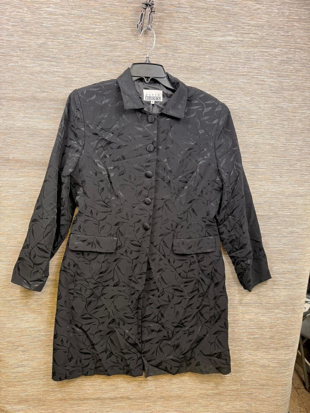 David Bijoux Coat Womens 16 Black Floral Satin Jacquard Button Front Mid Length